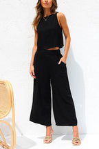 Buttons Tank Top and Pockets Wide Leg Crop Pants Set