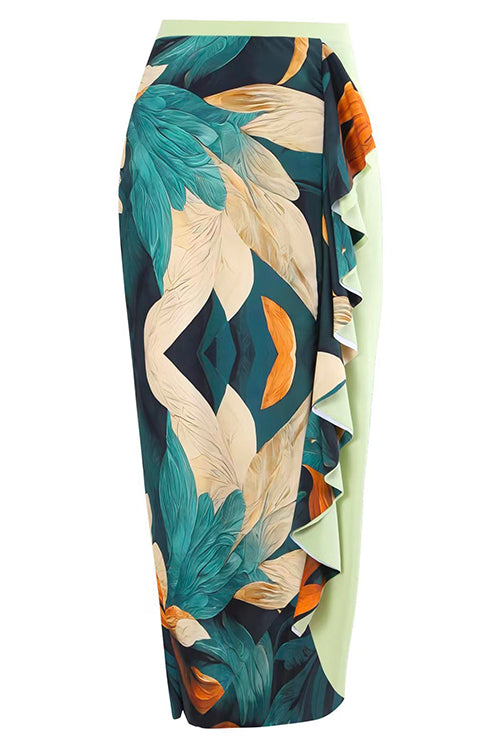 Bow One Shoulder One-piece Swimsuit Ruffle Cover Up Skirt Printed Set
