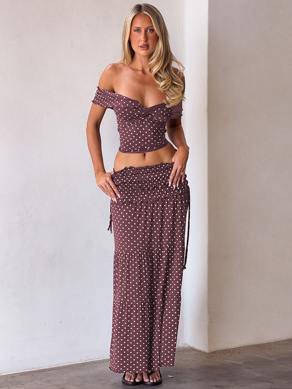 Two-piece Set: Raglan Strapless Top With Polka Dot Side Bow And Long Skirt