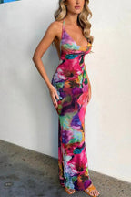 Halter Open Back Printed Stretchy Maxi Bodycon Dress
