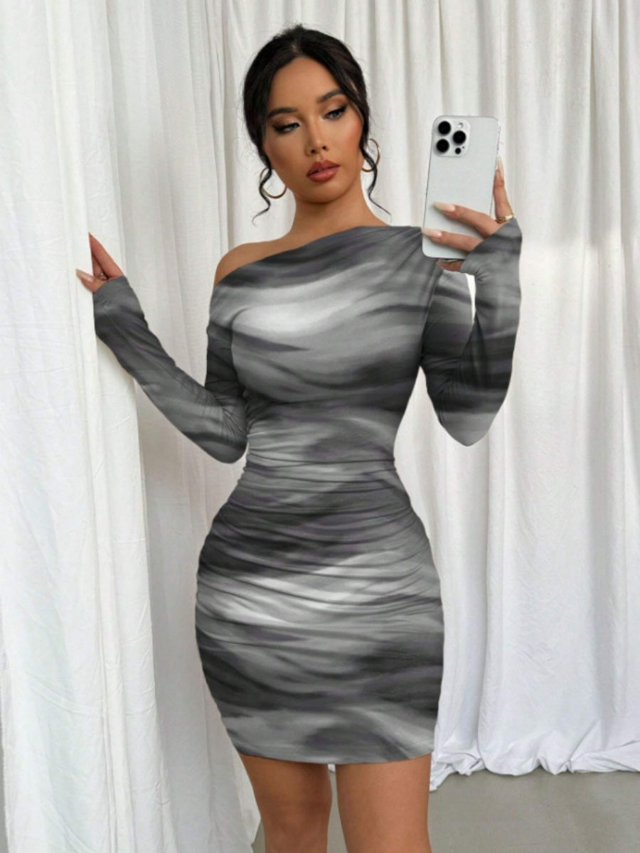 Pleated Slim-fit Hip-hugging Slant Collar Printed Mini&Short Dresses