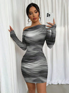 Pleated Slim-fit Hip-hugging Slant Collar Printed Mini&Short Dresses