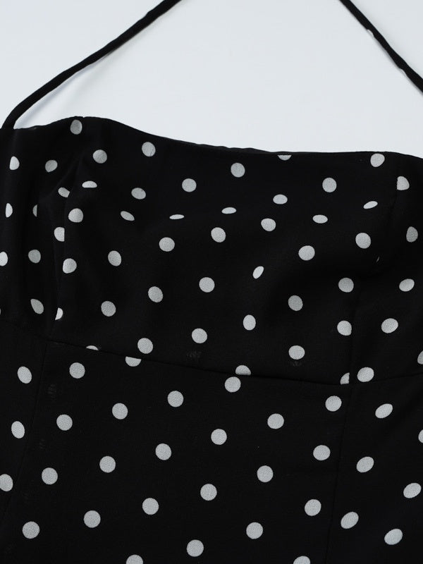 Polka Dot Print Fitted Waist Strapless Halter Neck Short Dress