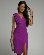 Deep V-Neck Pleated Shoulder Wrap High Split Midi Dress