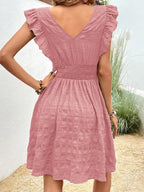 V-neck Pleated Ruffles Solid Color Mini&Short Dresses