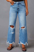 Raw Hem Ripped Flare Bottoms Denim Pants