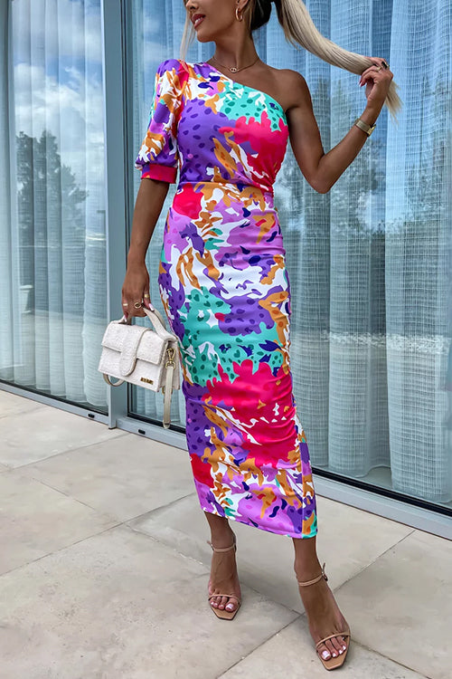 One Shoulder Back Slit Printed Maxi Dress