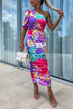 One Shoulder Back Slit Printed Maxi Dress