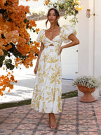 Printed Puff Sleeve Sweetheart Collar Vacation Maxi Dresses