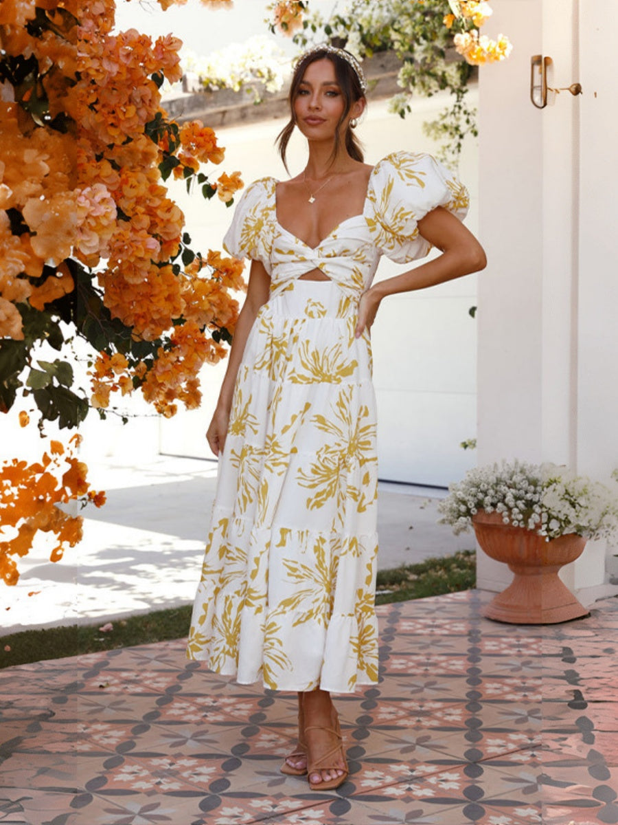 Printed Puff Sleeve Sweetheart Collar Vacation Maxi Dresses