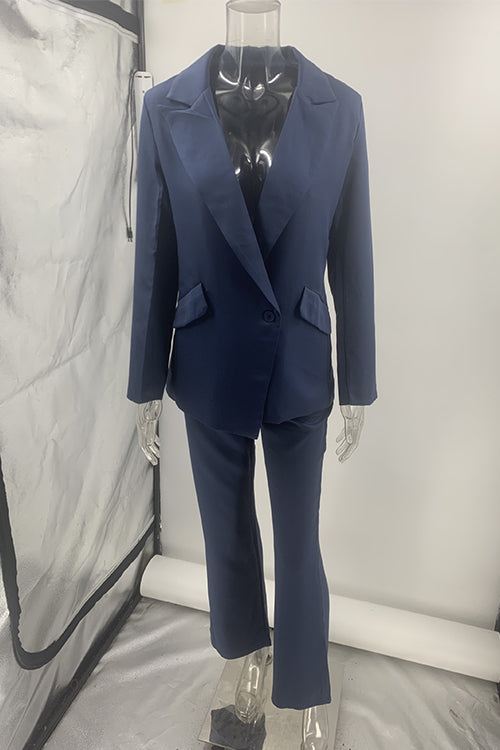 One Button Pocketed Blazer and Straight Leg Pants Power Suit Set