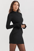 Mock Neck Long Sleeve Princess Seam Hip Flap Panel Mini Dress