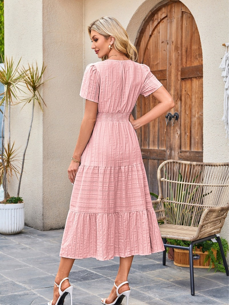 V-neck, Gathered, Puff Sleeve, Full Skirt, Short-sleeved Long Dress