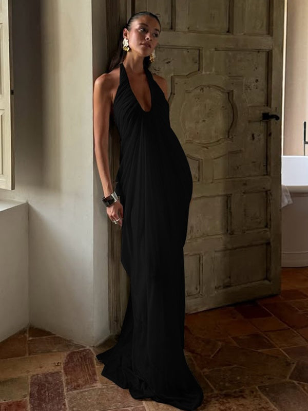 Loose-fitting, Backless, Sleeveless, V-neck, Pleated Halter-neck Mesh Long Dress