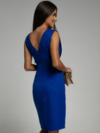 V-neck Sleeveless High-waisted Slit Dress Pleated Solid Color Short Dress