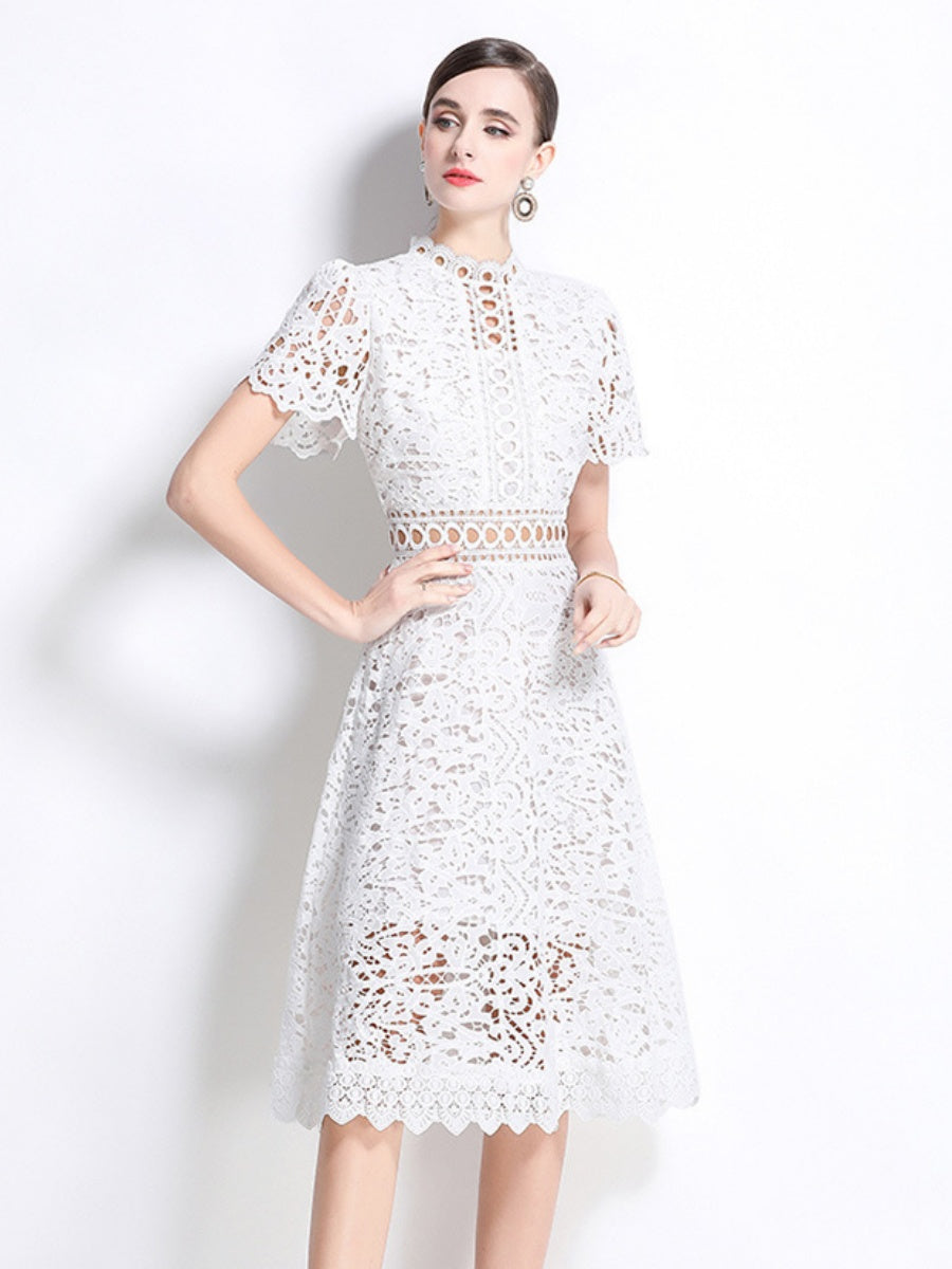 Lace Waist-cinching Hollow-out Midi Dress