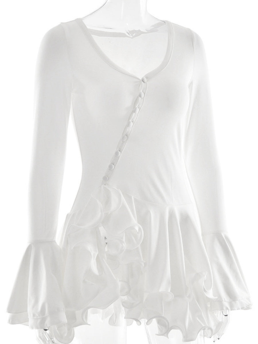 V-neck Long Sleeve Ruffle Mini&Short Dresses