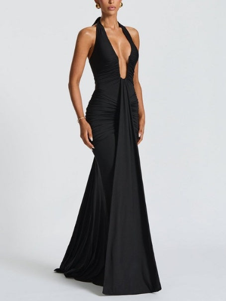 Halter Neck Deep V-neck Fitted Waist Long Dress Sexy Backless Ribbon Fishtail Long Dress