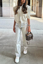Button Up Pocketed Cropped Bomber Jacket