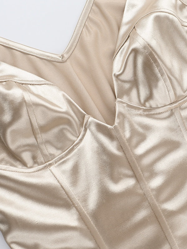Champagne-colored Satin Belted V-neck Tank Top