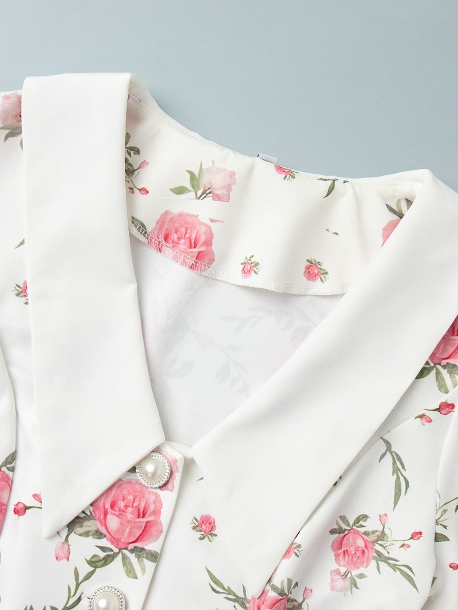 Waist Printed Floral Lapel Puff Sleeve Sweet Mini&Short Dresses