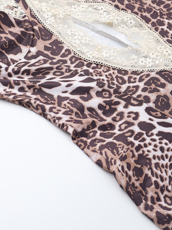 Lace-trimmed Leopard Print Slit Halter Dress
