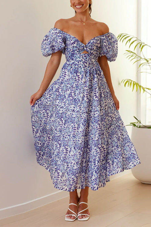 V Neck Twist Front Cut Out Waisted Floral Maxi Ruffle Dress