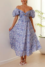 V Neck Twist Front Cut Out Waisted Floral Maxi Ruffle Dress