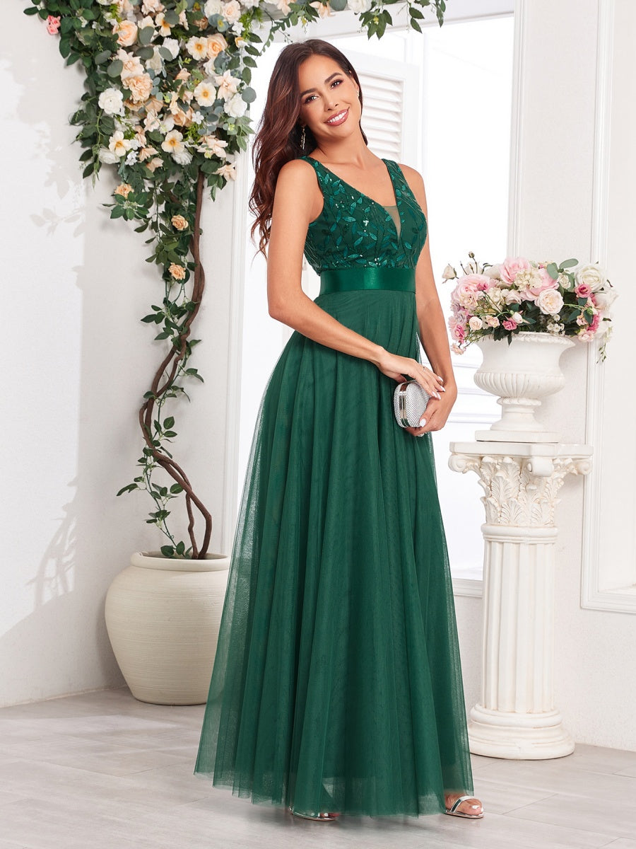 V-neck Embroidery Sequins Elegant Gauze Formal Dress Maxi Dresses