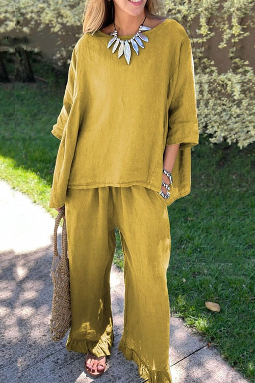 Cotton Linen 3/4 Sleeves Pullover Top Wide Leg Ruffle Hem Pants Set