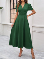 Pleated Waist Short Sleeve Maxi Dresses