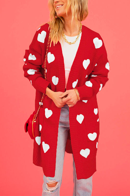 Open Front Pocketed Valentines Date Heart Print Cardigan
