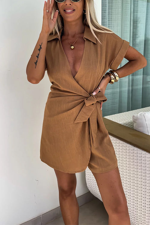 Wrap V Neck Tie Knot Shorts Romper