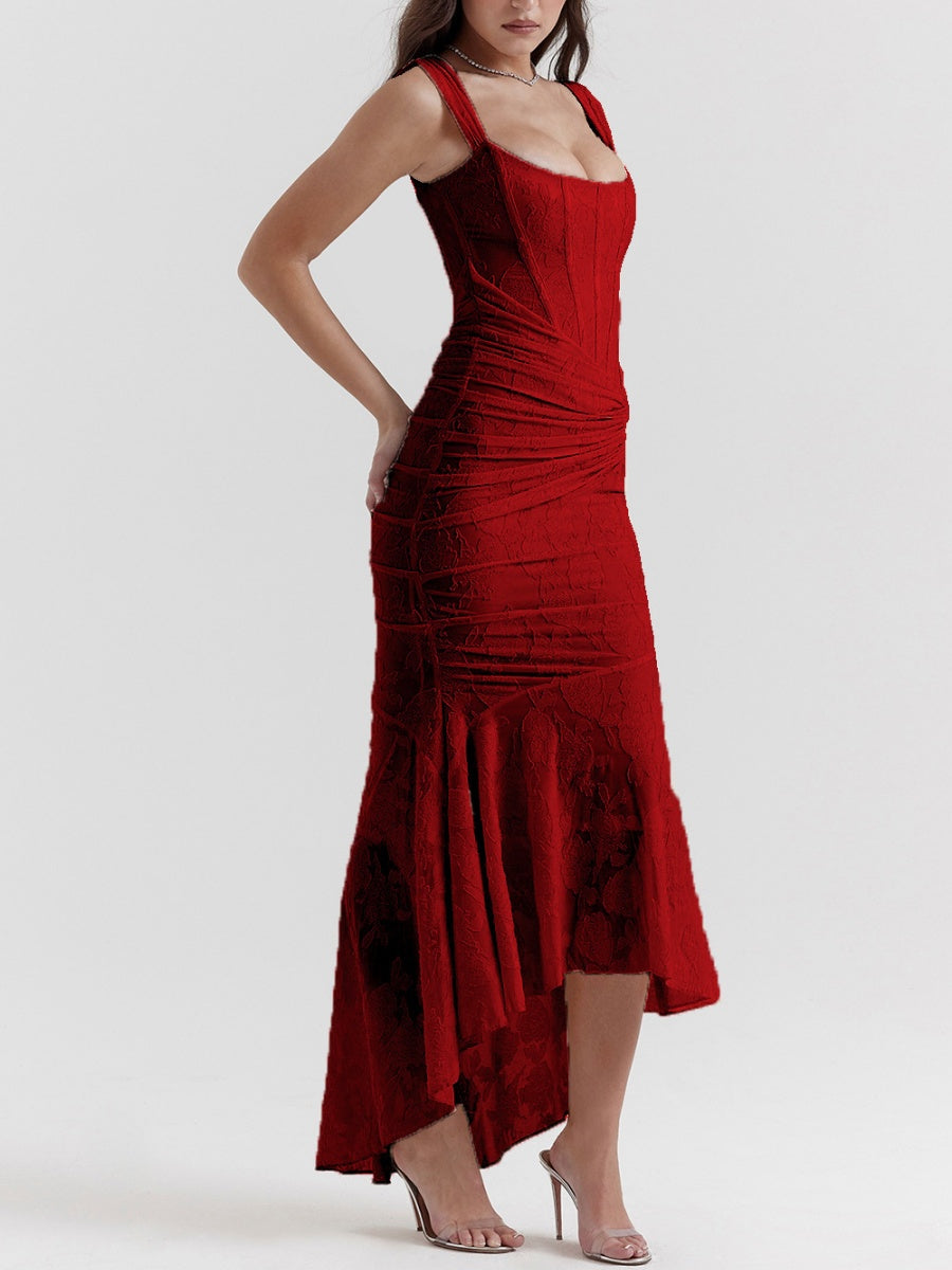 Sleeveless Solid Color Off-shoulder Sleeveless Fishbone Waist Dress