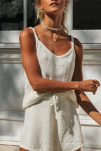 Solid U Neck Cami Top Drawstring Waist Shorts Knit Set