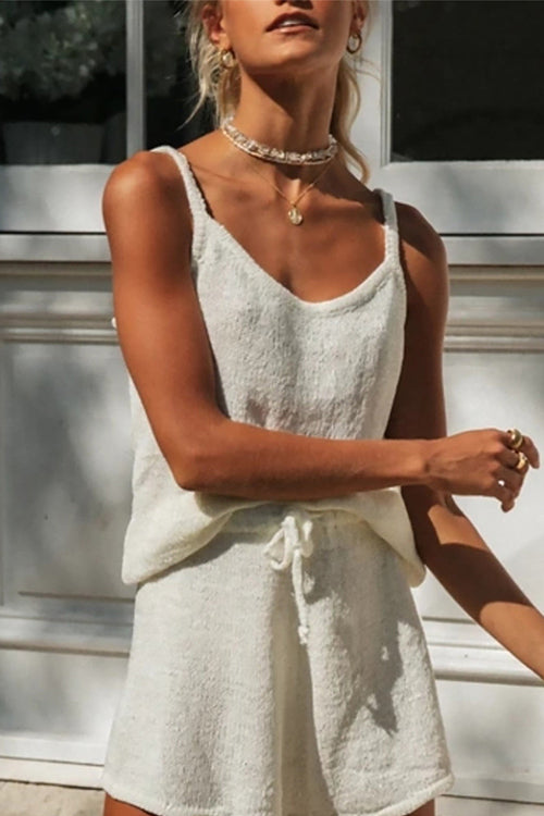 Solid U Neck Cami Top Drawstring Waist Shorts Knit Set