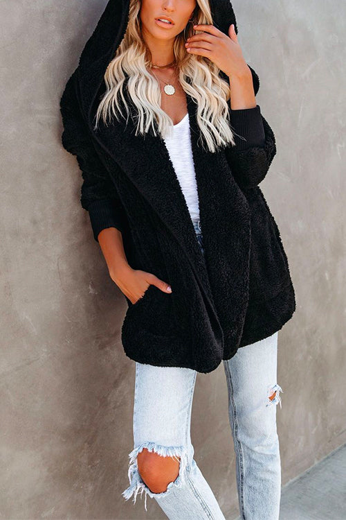 Open Front Hoodied Fuzzy Outwear with Pockets