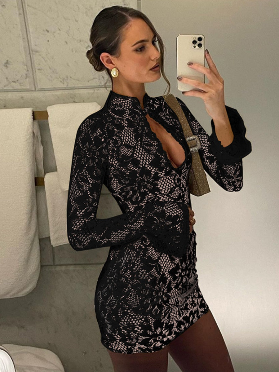 Lace Cutout Bodycon Bell Sleeves Mini&Short Dresses