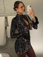 Lace Cutout Bodycon Bell Sleeves Mini&Short Dresses