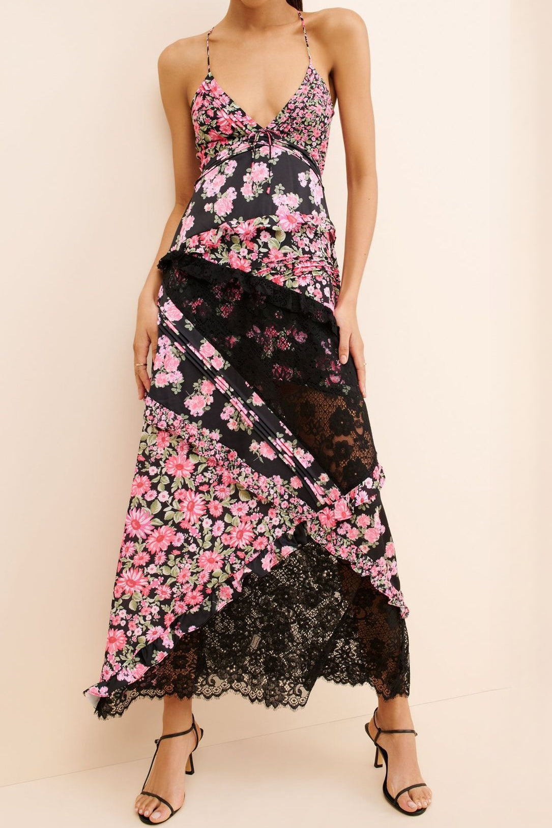 Deep V Neck Tie Front Patchwork Floral Lace Tiered Maxi Dress