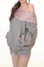 Cute Plaid PatchworkOff-the-shoulder Oversized Two Piece Set