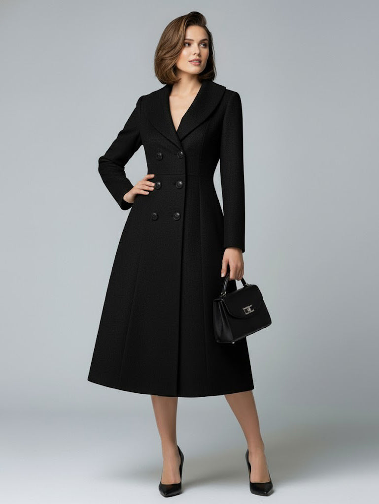 Woolen Double-Breasted A-line Midi Coat With Shawl Collar For Women 2026