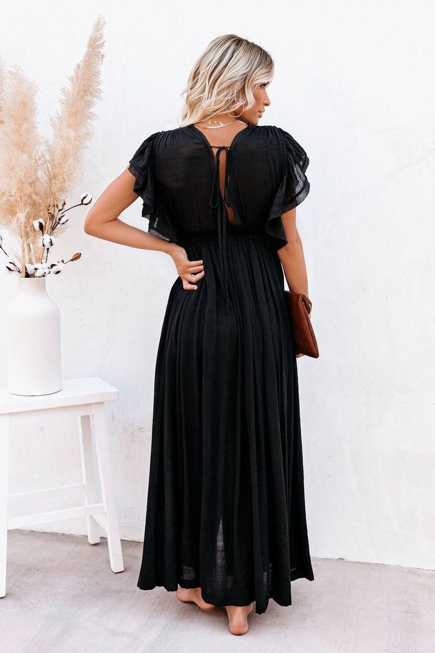 Deep V Neck Ruffle Sleeve Drawstring Waist Button Front Pocket Maxi Dress