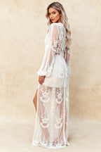 Mesh Lace Embroidery Deep V-Neck Long Puff Sleeve High Split Maxi Dress