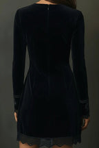 Fashionable Velvet V-neck Long-sleeved Lace-trimmed Mini Dress
