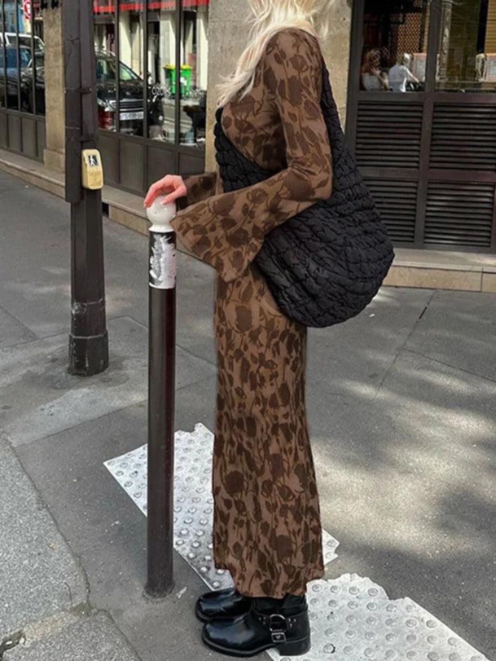 Crew Neck Bell Sleeve Botanical Print Slim Maxi Dress