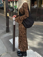 Crew Neck Bell Sleeve Botanical Print Slim Maxi Dress