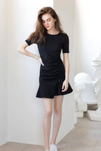 Short Sleeve Round Neck Side Ruched Drawstring Flounce Hem Mini Dress