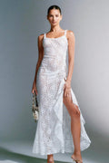 Floral Lace Scoop Neck Spaghetti Strap Ruffle High Split Maxi Dress