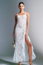 Floral Lace Scoop Neck Spaghetti Strap Ruffle High Split Maxi Dress